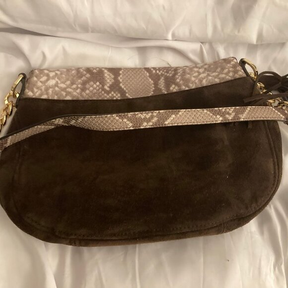 NWOT MICHAEL KORS Bedford Embossed Python Brown Suede Shoulder Handbag - Picture 3 of 12
